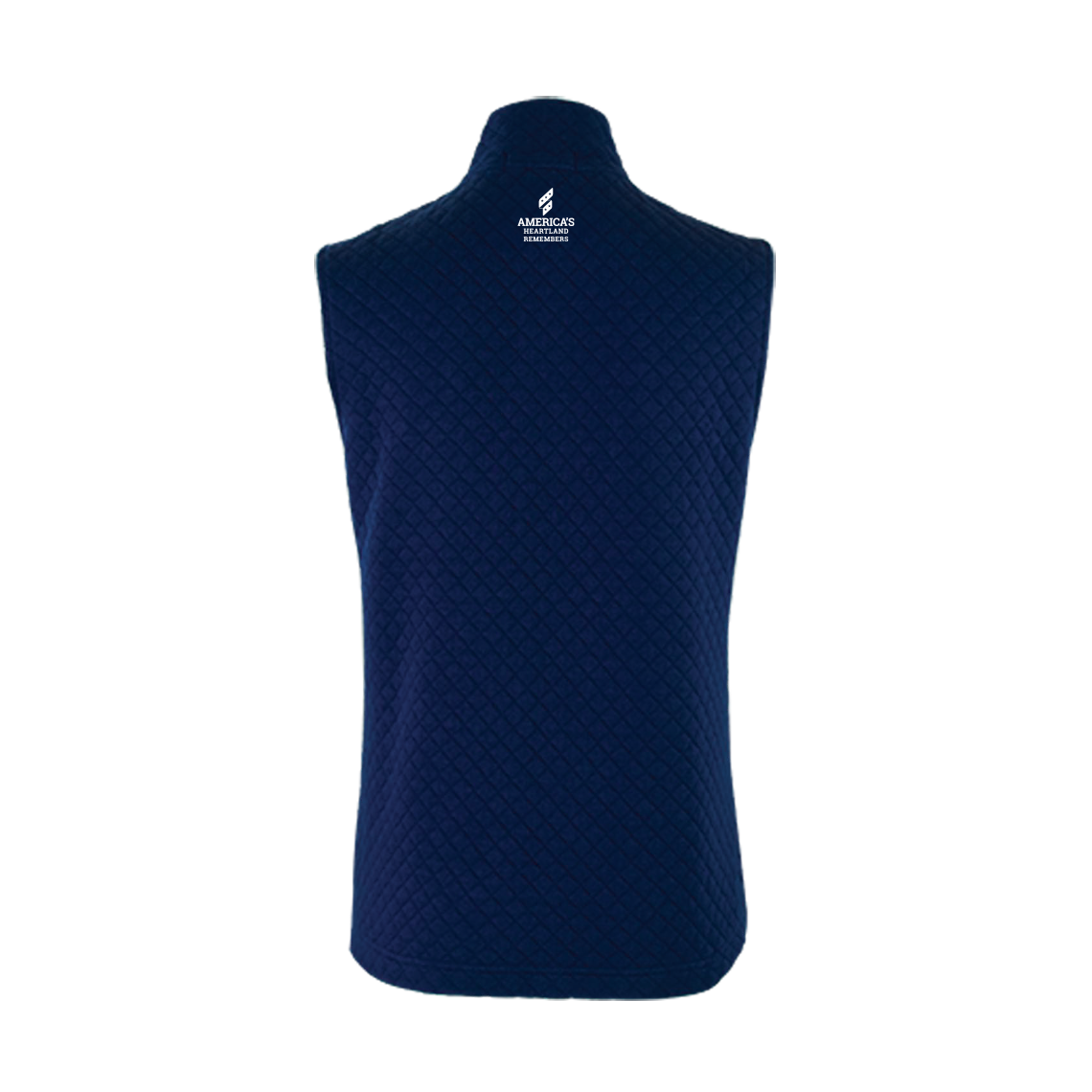Navy blue quilted vest with America's Heartland Remembers logo on a white background