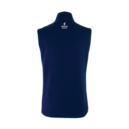 Navy blue quilted vest with America's Heartland Remembers logo on a white background