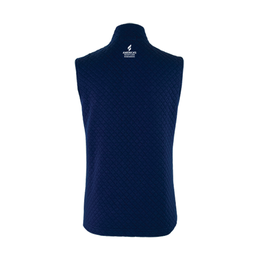 Navy blue quilted vest with America's Heartland Remembers logo on a white background