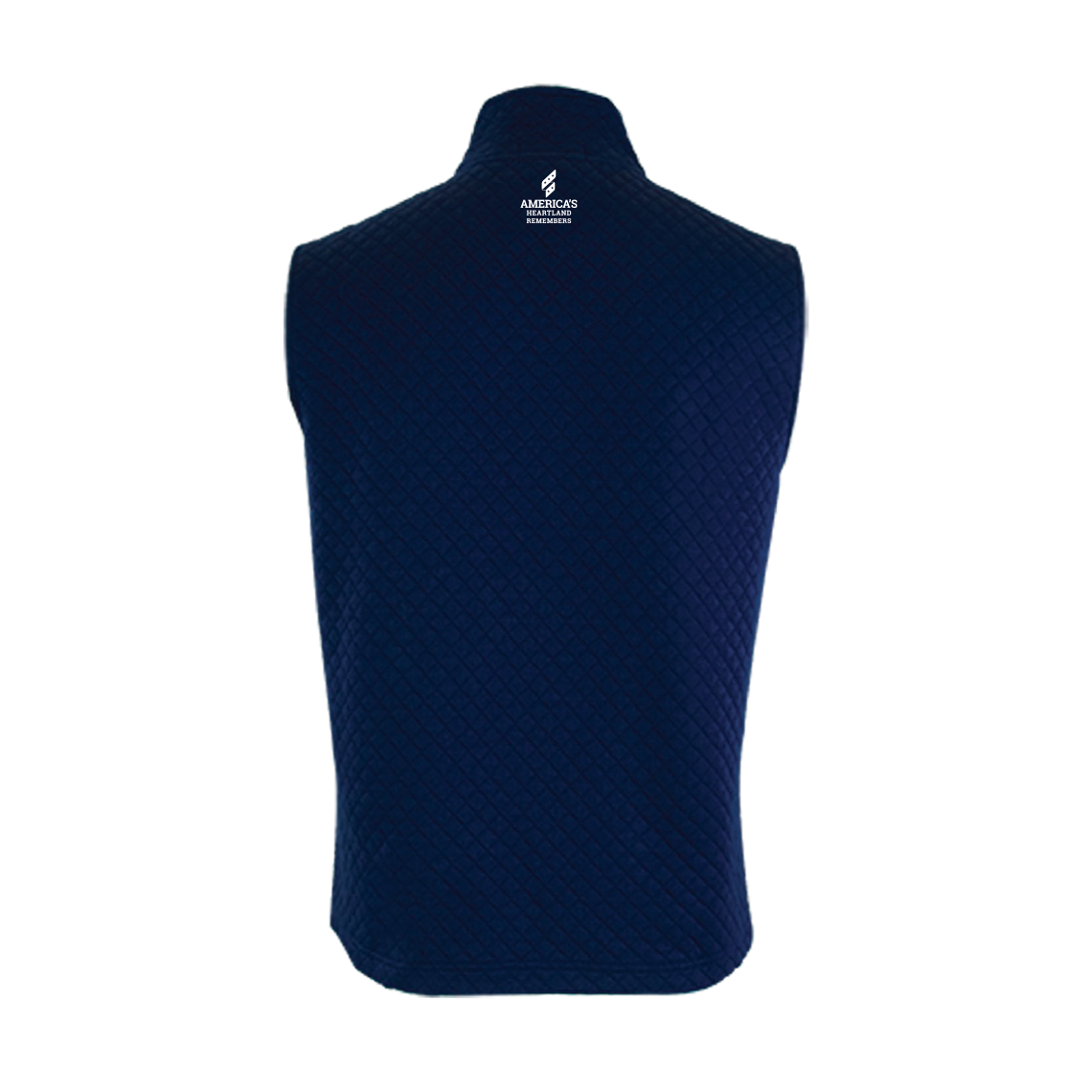 Navy blue quilted vest with a America's Heartland Remembers logo on a white background