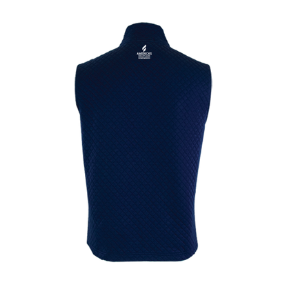 Navy blue quilted vest with a America's Heartland Remembers logo on a white background