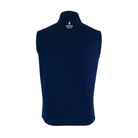 Navy blue quilted vest with a America's Heartland Remembers logo on a white background