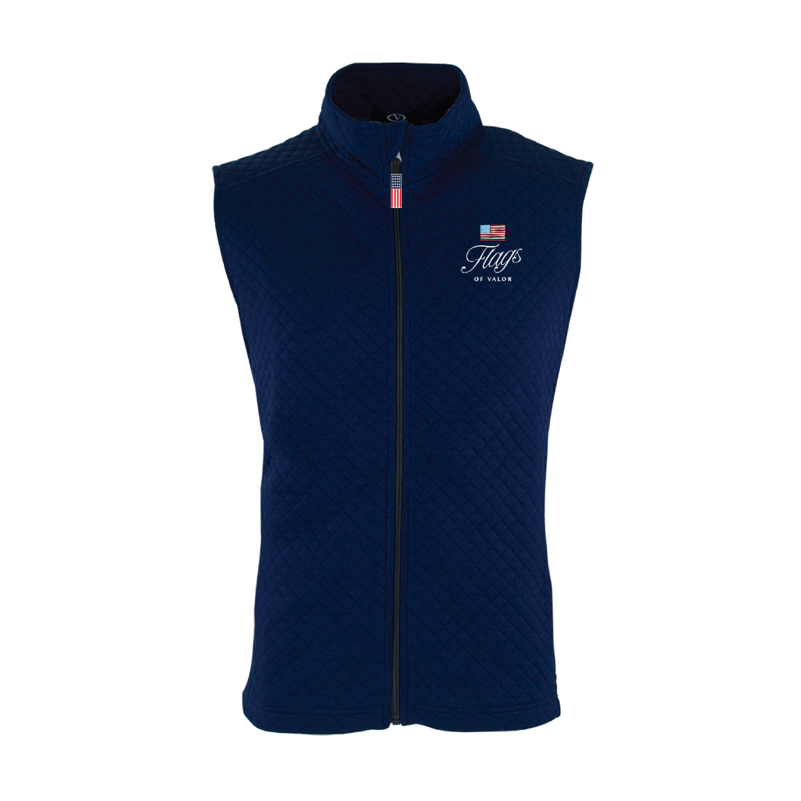 Navy blue quilted vest with a Flags of Valor logo on a white background