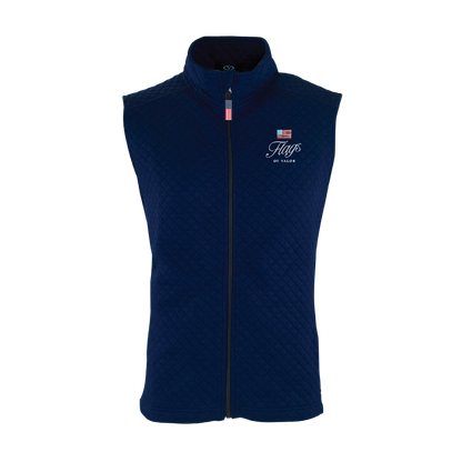 Navy blue quilted vest with a Flags of Valor logo on a white background