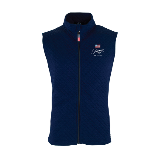 Navy blue quilted vest with a Flags of Valor logo on a white background