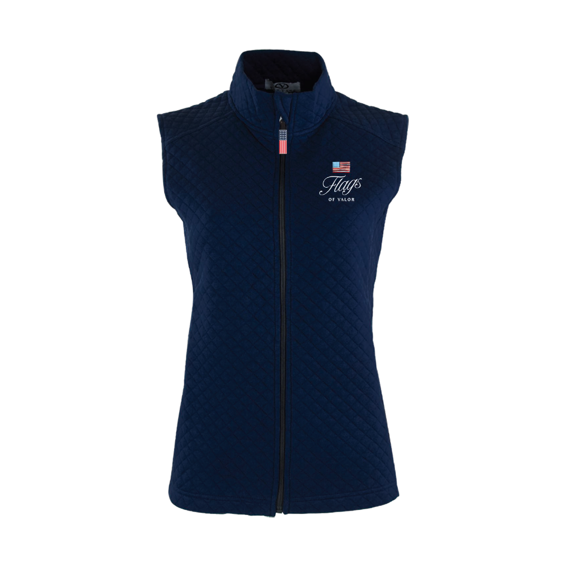Navy blue quilted vest with a Flags of Valor logo on a white background