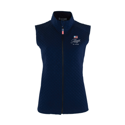 Navy blue quilted vest with a Flags of Valor logo on a white background