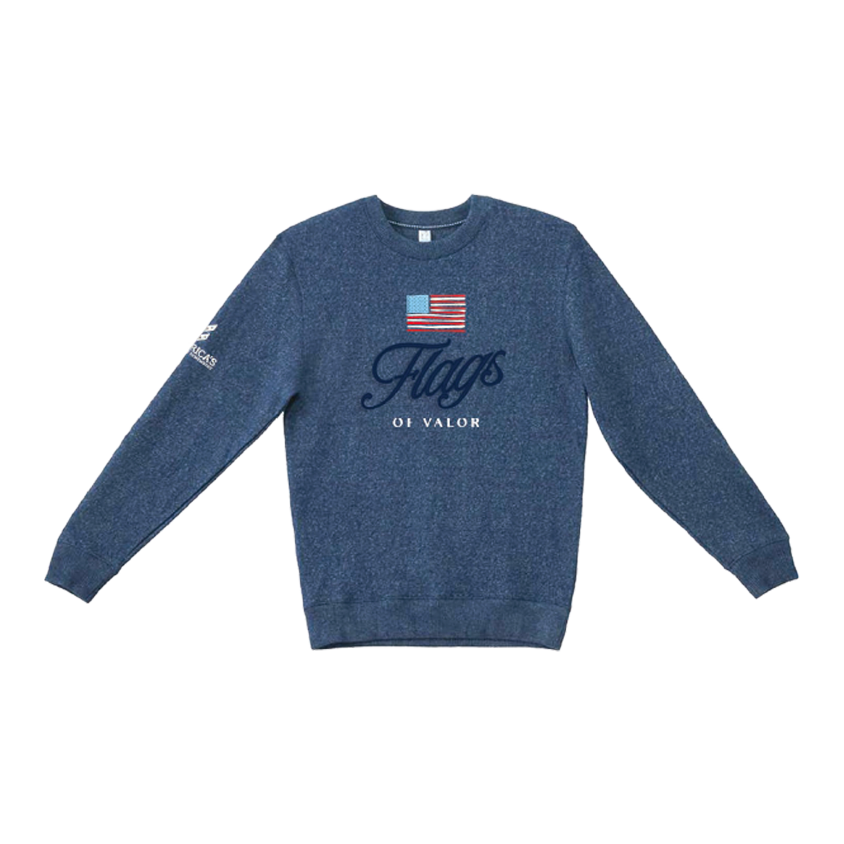 Blue sweatshirt with American flag and text on a white background