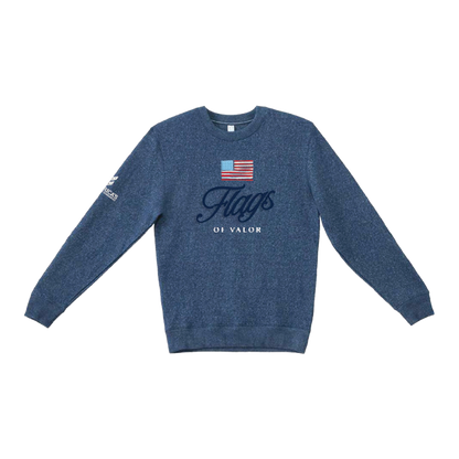 Blue sweatshirt with American flag and text on a white background