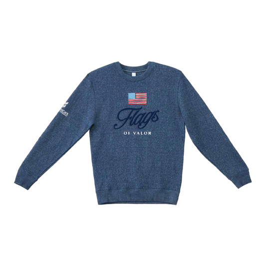 Blue sweatshirt with American flag and text on a white background