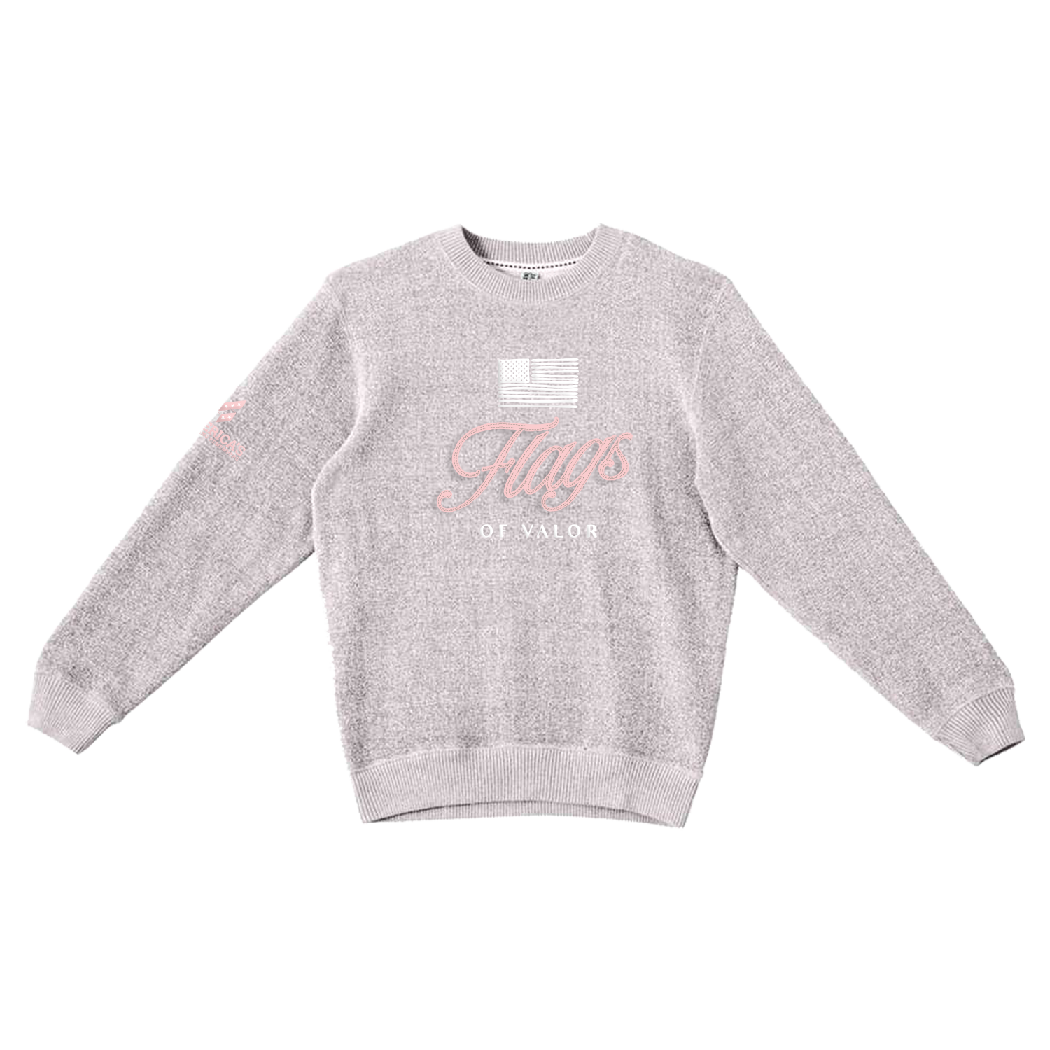 gray and white salt and pepper colored sweatshirt with pink and white Flags of Valor logo with white American flag