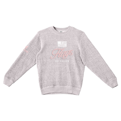 gray and white salt and pepper colored sweatshirt with pink and white Flags of Valor logo with white American flag