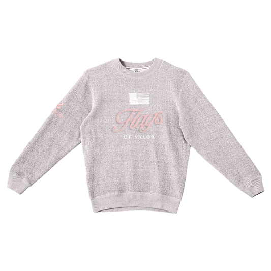gray and white salt and pepper colored sweatshirt with pink and white Flags of Valor logo with white American flag