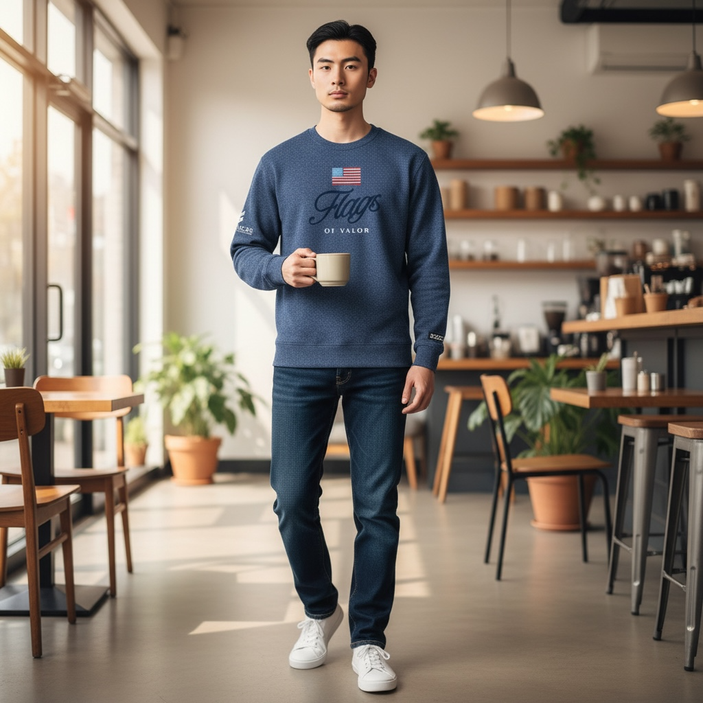Man in a blue sweatshirt holding a mug in a coffee shop