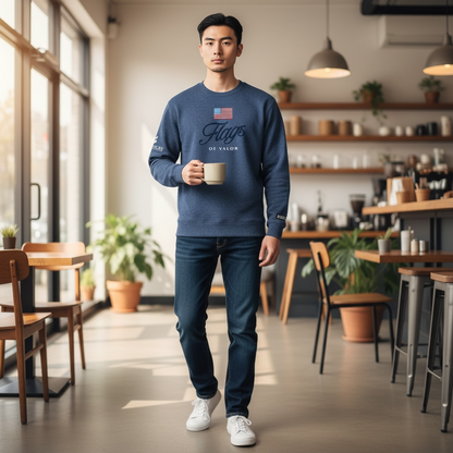 Man in a blue sweatshirt holding a mug in a coffee shop
