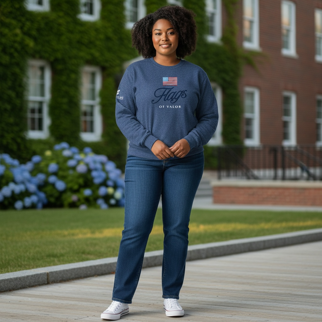 Woman wearing a blue sweatshirt with text and an American flag, standing on a wooden path in front of a brick building.