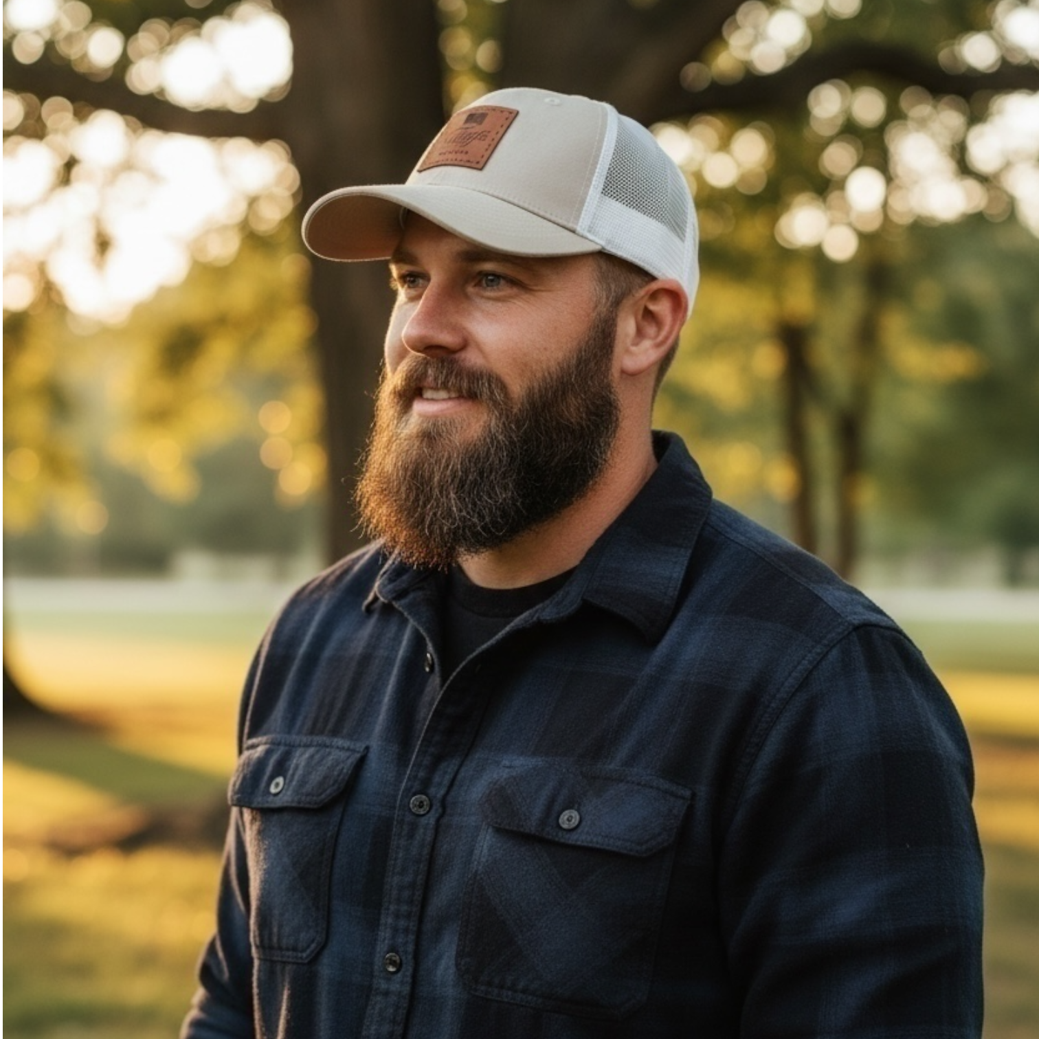 Man wearing a cap and dark shirt in a park setting