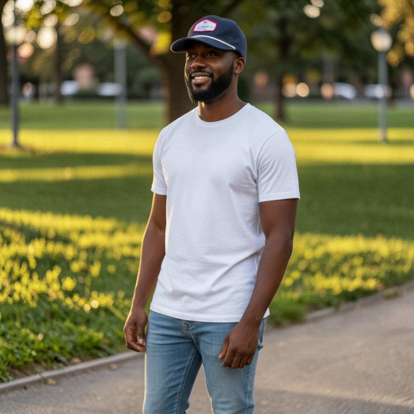 Man wearing a white t-shirt and blue jeans standing in a park with green grass and yellow flowers.