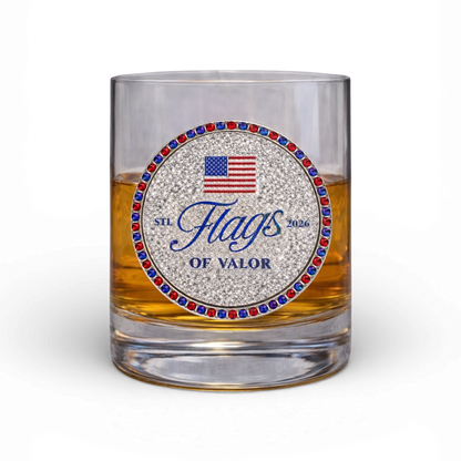 Glass tumbler with 'Flags of Valor' jeweled logo on a jeweled background