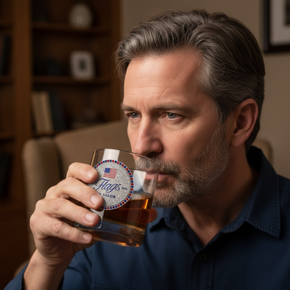 Man holding a glass of bourbon with a 'Flags' jewel in a cozy indoor setting