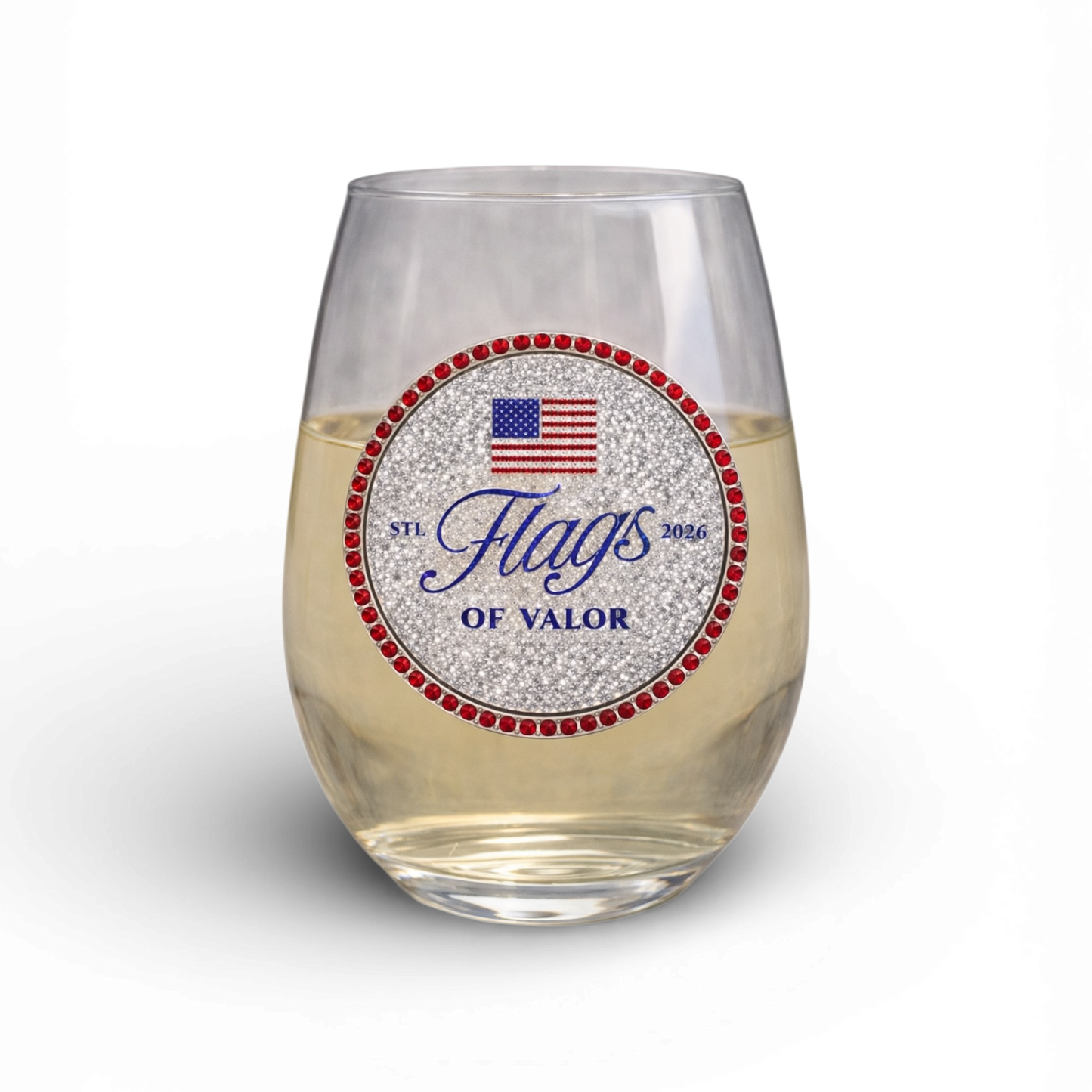 Stemless wine glass with 'Flags of Valor' jewel on a white background