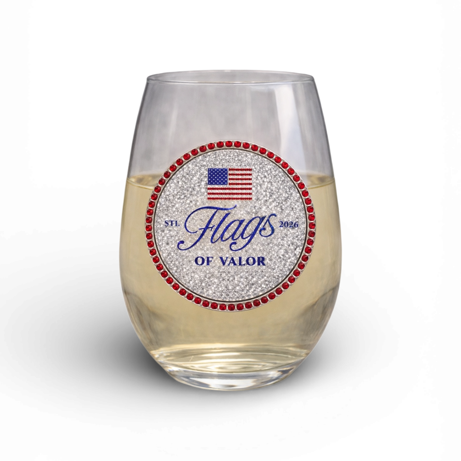 Stemless wine glass with 'Flags of Valor' jewel on a white background