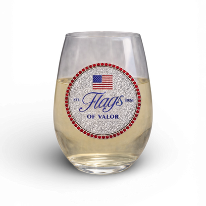 Stemless wine glass with 'Flags of Valor' jewel on a white background