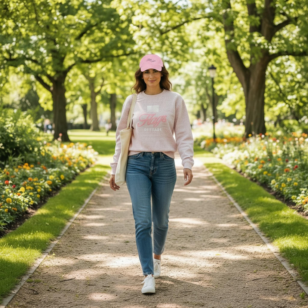 gray and white salt and pepper colored sweatshirt with pink and white Flags of Valor logo with white American flag