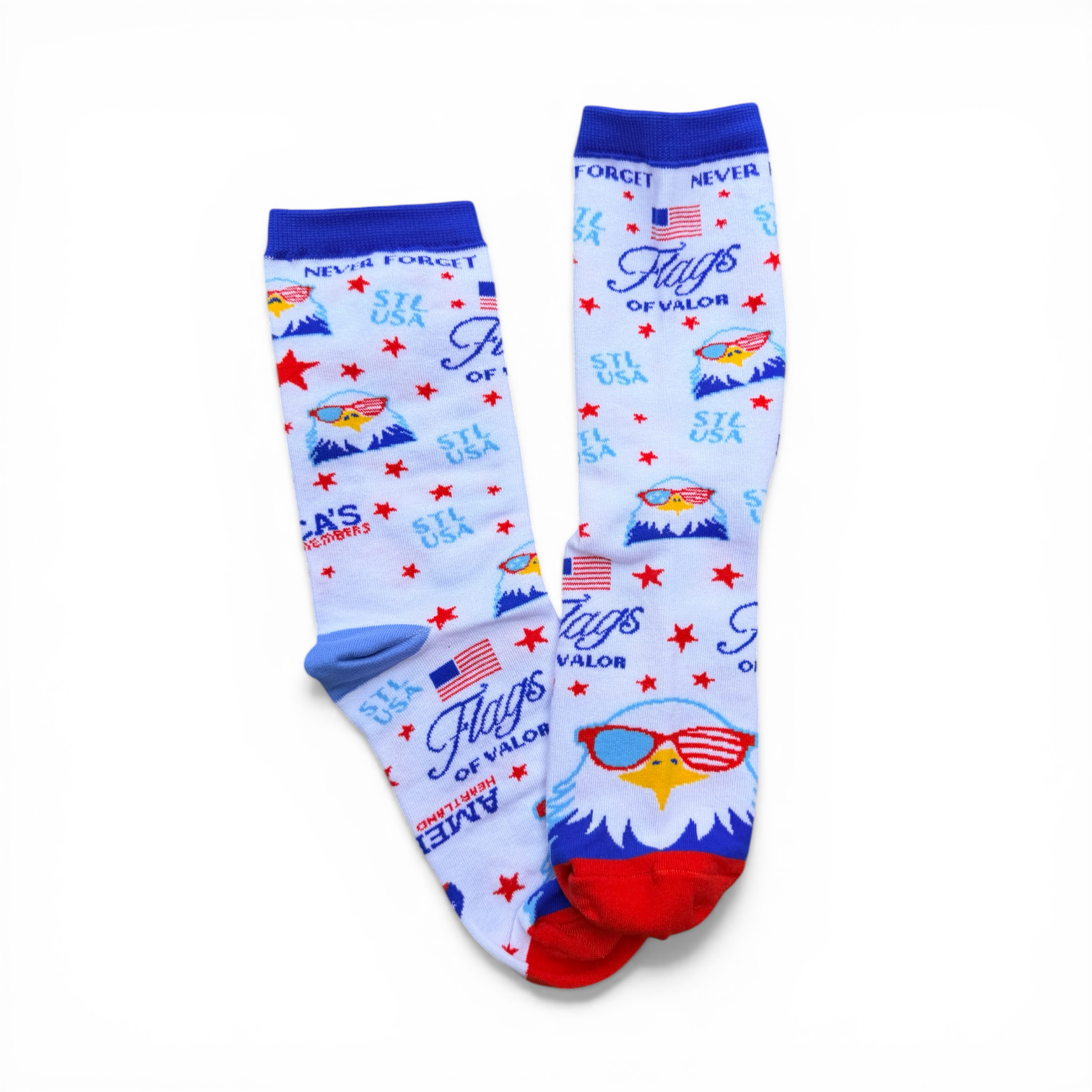 Two socks with patriotic designs on a white background
