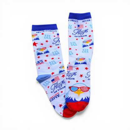 Two socks with patriotic designs on a white background